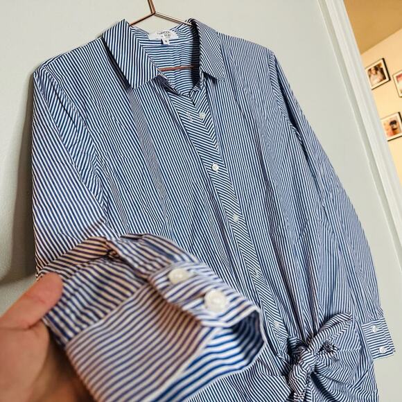 THAKOON COLLECTIVE Blue Stripe Pattern Tie Waist Button Front Shirtdress Size 10 - Picture 9 of 13